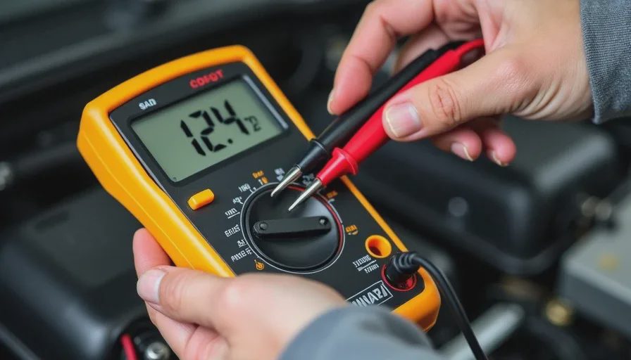 A multimeter with its probes connected to the electrical terminals of an idle air control valve on an NA Miata engine. The multimeter screen shows a resistance reading of 12.4 ohms. The engine bay is dusty, and a work light illuminates the area.