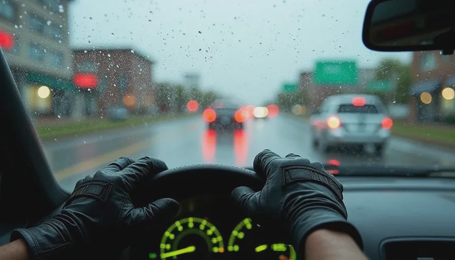 Driver's view through a rain-soaked NA Miata windshield, minivan taillights ahead View from inside an NA Miata during a heavy rainstorm. Rain pounds against the windshield, distorting the view of the road ahead. The driver's hands grip the steering wheel at the top, knuckles slightly white. The instrument cluster shows the speedometer at 35 mph. Through the water-streaked glass, the blurred red taillights of a minivan are visible ahead.