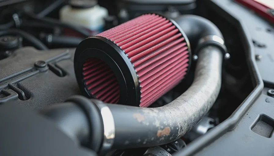 Integrated Engineering cold air intake installed in Mk7.5 GTI engine bay A close-up of an open-element cold air intake installed in a Mk7.5 GTI engine bay. The cone filter is visible, surrounded by an aluminum heat shield. The engine cover is off, revealing the turbo inlet pipe. Engine bay has a light layer of dust — clearly a daily-driven car.