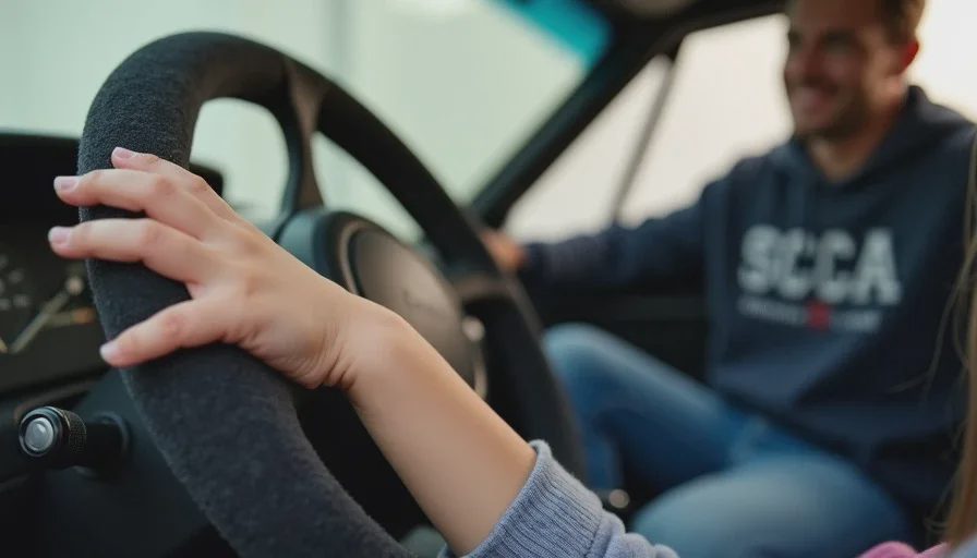 A child's hand on the steering wheel while a dad talks through the window Close-up of a child's hand resting on a suede-wrapped steering wheel. In the blurred background, a man in a worn SCCA hoodie leans into the passenger window, speaking. Warm late-afternoon light.