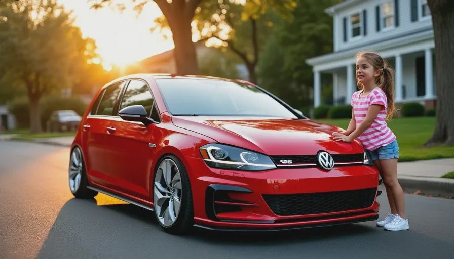 A red Mk7.5 GTI parked on a suburban street during golden hour. The car sits noticeably lower than stock, with an even wheel gap. A seven-year-old girl stands next to the car, one hand on the front fender, looking up at it with a satisfied expression.