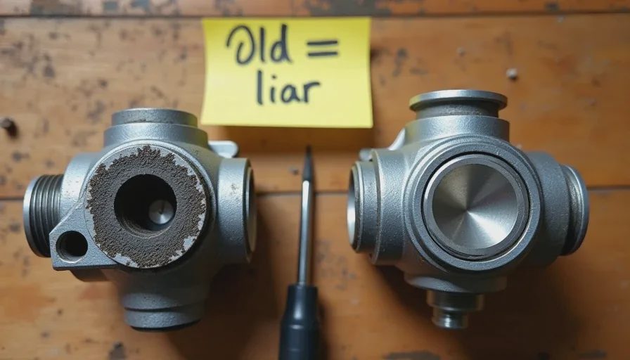Two idle air control valves side by side on a workbench — one old and dirty with carbon buildup visible around the plunger opening, the other a clean used replacement. A handwritten note next to them reads "Old = liar" in marker.