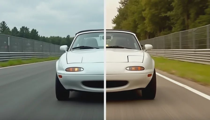 Before and after comparison of Miata track photos — amateur vs Nico's panning technique A split comparison image showing two photos of the same white NA Miata on track. The left side shows a poor photo — the car is slightly soft, the background is equally sharp, and the wheels are frozen. The right side shows Nico's version — the car is sharp, the background is blurred into streaks, and the wheels show motion. The difference in technique is immediately obvious even in this small format.