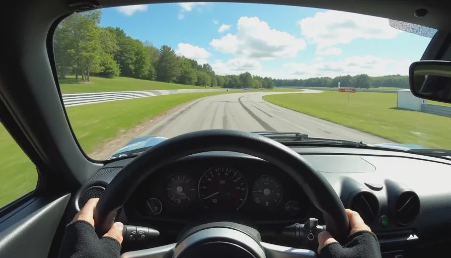 NA Miata cockpit view during a timed lap at Barber Motorsports Park Driver's-eye view through the windshield of an NA Miata on track at Barber Motorsports Park. Gloved hands grip a suede steering wheel at 9-and-3. The track snakes ahead through a fast right-hand corner. The tachometer needle approaches 6,500 RPM. Green grass and trees line both sides of the track under bright midday sun.