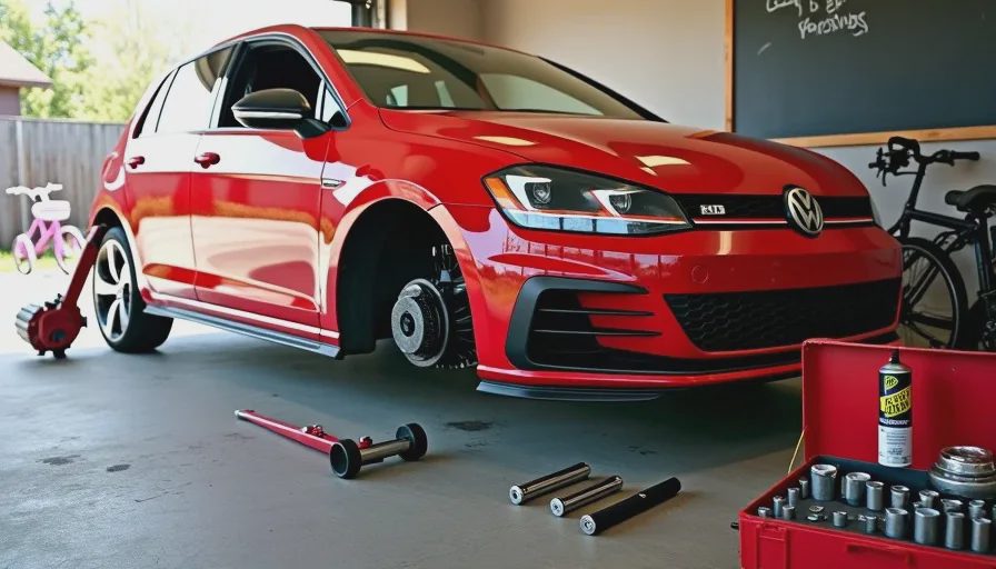 Installing Coilovers in a Garage With One Jack Stand and Two Kids Watching
