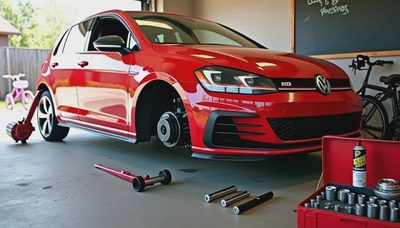 Installing Coilovers in a Garage With One Jack Stand and Two Kids Watching