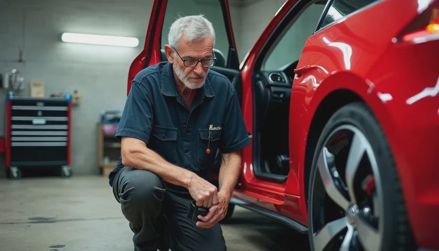 Reg connecting a laptop to a GTI OBD2 port for custom ECU tuning session A man in his 60s wearing a faded polo shirt kneels next to a red Mk7.5 Golf GTI, connecting a laptop via a cable to the car's OBD2 port under the dashboard. The garage bay is dimly lit with fluorescent lights.