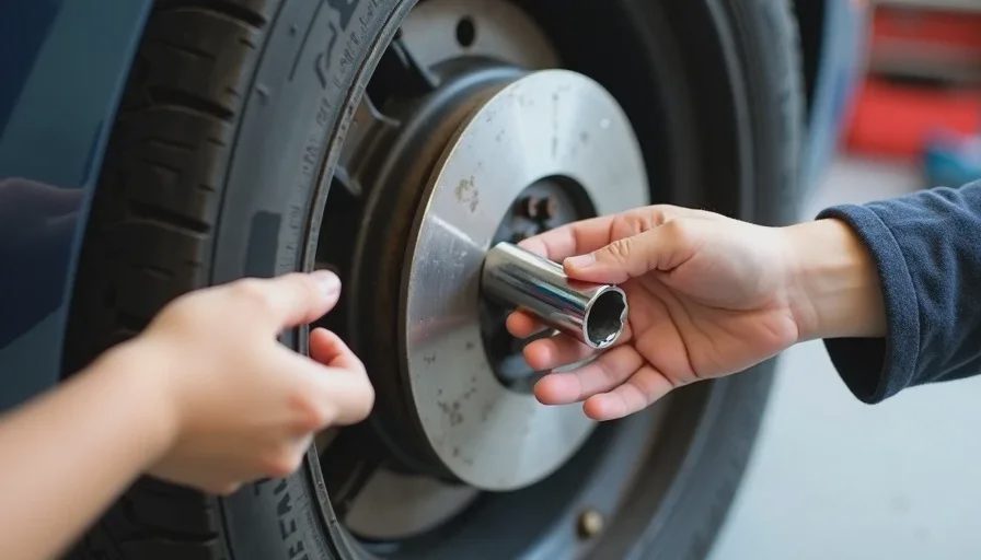 A close-up of a Mk7.5 GTI front wheel well with the strut partially removed. The triple square bit is engaged in the strut pinch bolt. A small hand — a child's — reaches into the frame holding a 10mm socket, offering it to the adult working on the car.