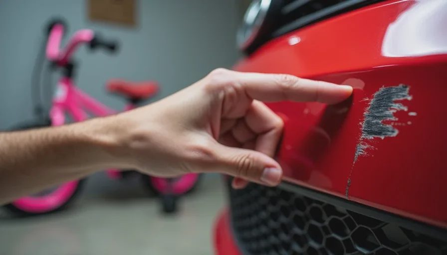 Matt's hand touching the handlebar scratch on his red GTI bumper, pink bicycle visible in background A close-up of a man's hand — slightly calloused, with grease under one fingernail — resting on the scratched area of a red GTI bumper. The scratch is in sharp focus. In the blurred background, a pink bicycle is parked against the garage wall, its handlebar at roughly the same height as the scratch.