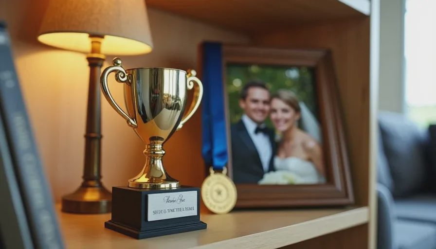 SCCA trophy on a family bookshelf next to a spelling bee medal and wedding photo A small SCCA Time Trial trophy sitting on a bookshelf in a living room. Next to it is a framed wedding photo of a couple in their 20s, and a child's spelling bee medal with a blue ribbon hanging from a corner. In the softly blurred background, a couch and a table lamp are visible.