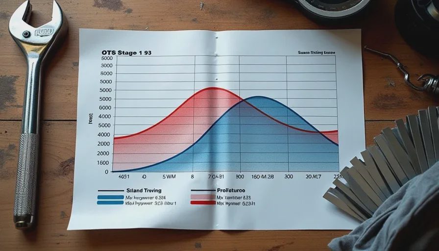 Before and after dyno sheet comparing OTS tune vs custom ECU tune results A dyno chart printout with two overlaid curves — one in red, one in blue — showing horsepower and torque differences. The blue curve is smoother and peaks higher. The paper is creased and sitting on a workbench next to a torque wrench and a set of feeler gauges.