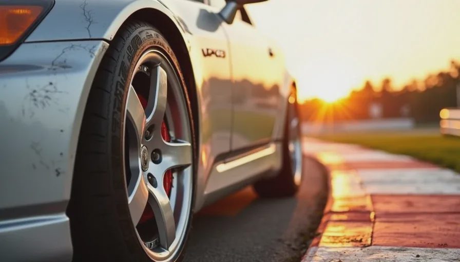 Honda S2000 front wheel detail at Barber golden hour with clear coat patina A low-angle close-up of a Honda S2000's front wheel and fender during golden hour. The silver paint glows warmly, and the failing clear coat creates a unique texture. A blurred background shows the track curbing and green grass.