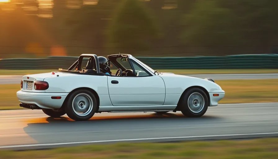 White NA Miata panning shot at 1/30th second during golden hour at Barber A dramatic panning shot of a white NA Miata on a racetrack during golden hour. The car is tack-sharp in the center of the frame. The background is completely blurred into horizontal streaks of gold, green, and amber from the trees and grass. The wheels show visible motion blur in the spokes. The car appears to be traveling at high speed, leaning slightly into a corner.