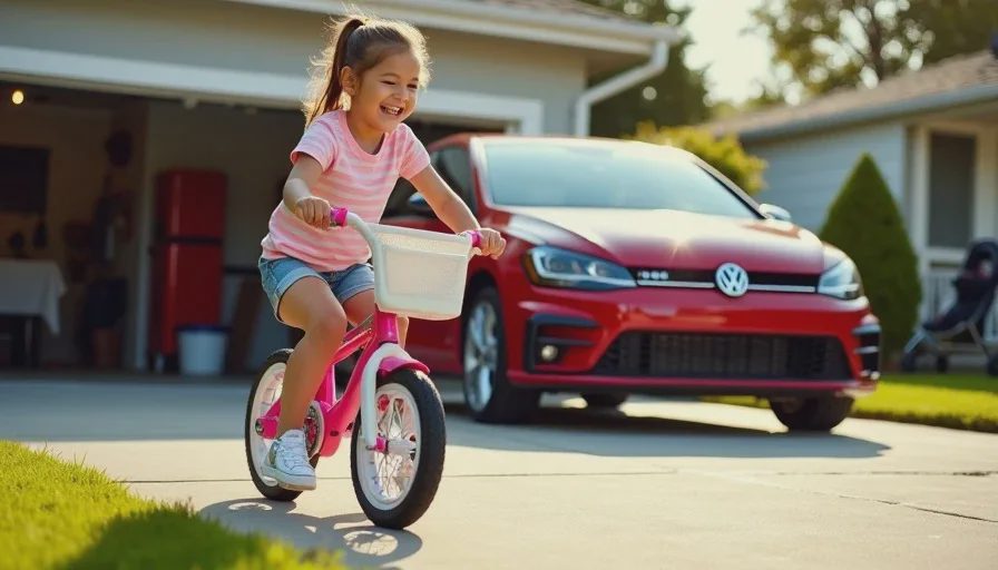 Seven-year-old Lily riding her pink bike past the red GTI with the scratch on the bumper A wider shot of a red GTI parked in a suburban driveway. The front bumper scratch is faintly visible. In the foreground, a seven-year-old girl with a ponytail rides a pink bicycle past the car, looking back over her shoulder with a grin. The garage door is open, revealing a workbench and tools inside.
