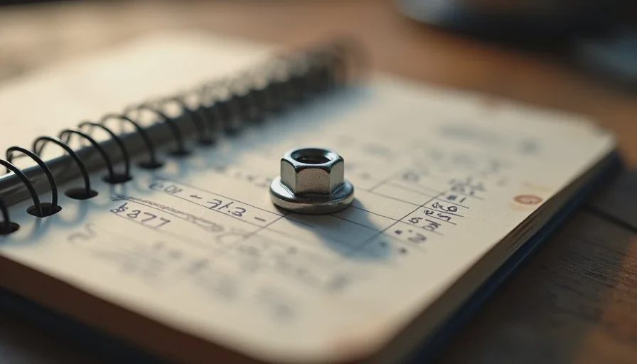 A close-up of a notebook page with handwritten Miata build notes. The handwriting is messy but legible — part numbers, torque specs, and cost estimates are scrawled across the page. Next to the notebook sits a single M6 flange nut on the wooden workbench surface — small, silver, unremarkable. The lighting is warm and focused on the nut, making it the visual centerpiece despite its small size.