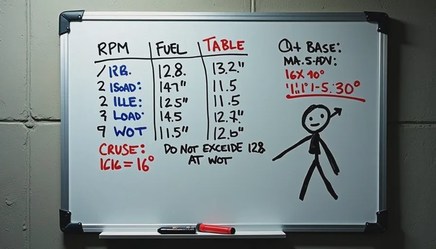 Reg's whiteboard covered in ECU tuning notes and the famous stick figure drawing A close-up of the whiteboard on the wall. The board is covered in Reg's handwriting — fuel table values, AFR targets, ignition timing numbers. In the corner, a crudely drawn stick figure with an arrow through its head is labeled "CUSTOMER'S O2 SENSOR." A red dry-erase marker rests in the tray. The handwriting is small, precise, and dense with technical data.