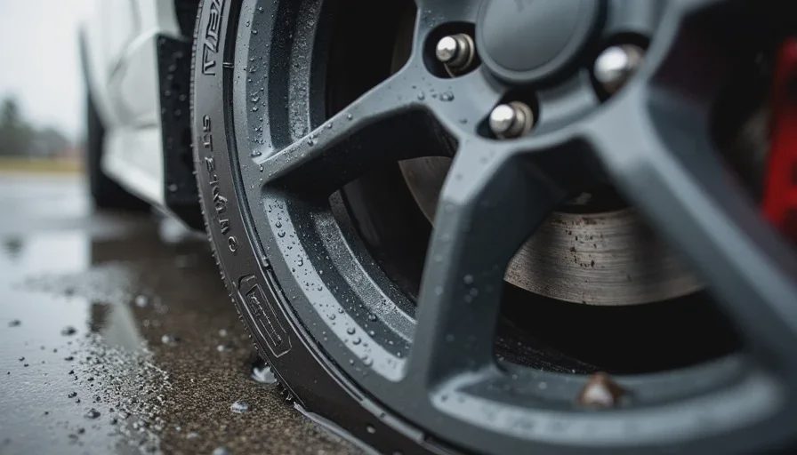 Wet Toyo R888R tire on an NA Miata after driving through a thunderstorm Close-up of an NA Miata's front wheel and tire after driving through rain. The Toyo R888R tire's tread is slick with water, with tiny beads of moisture on the rubber surface. The wheel is a 15-inch aftermarket alloy, wet and gleaming. A few blades of wet grass are stuck to the tire's edge from the paddock. The pavement underneath is dark with moisture.