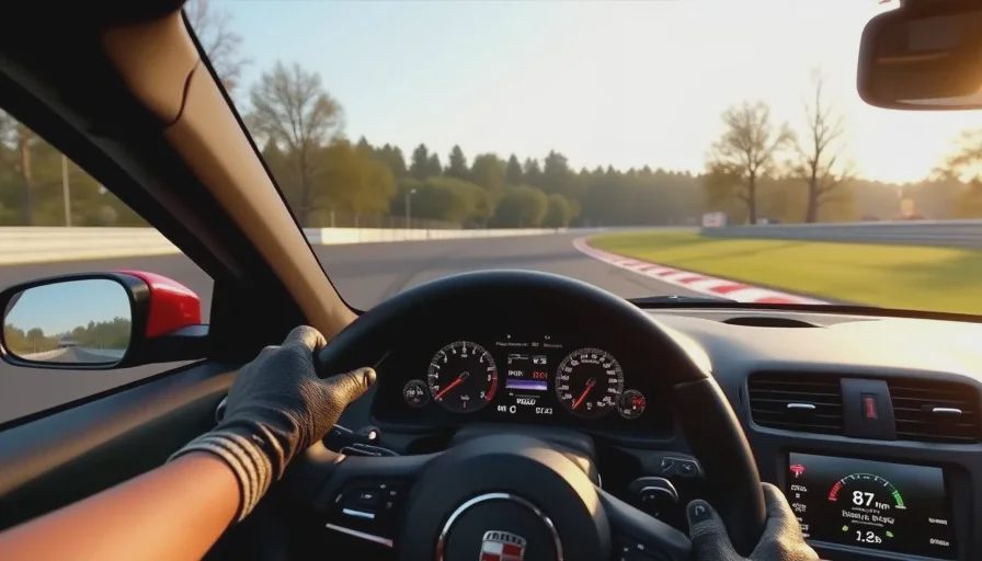 NA Miata cockpit view turning into Barber corner with telemetry data overlay Driver's-eye view through a windshield entering a corner at Barber Motorsports Park. A steering wheel is turned right with gloved hands. Telemetry overlay shows 87 mph, 1.2G lateral force, and 75% throttle.