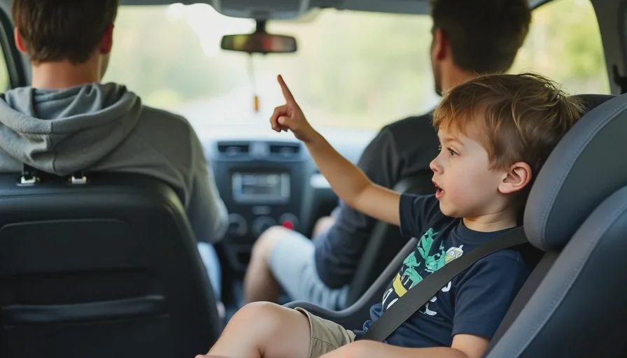 Five-year-old Max pointing at the GTI dashboard from his car seat while his dad drives View from the rear driver's side seat of a GTI cabin. A five-year-old boy in a forward-facing child seat on the passenger side looks toward the dashboard, pointing ahead with a curious expression. The driver's head and shoulder are visible in the front left.