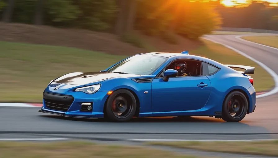 Subaru BRZ panning shot at Barber golden hour with wheel lifting off track A motion-blur panning shot of a Subaru BRZ cresting a rise at Barber during sunset. The car is sharp, the background is streaked with gold and green, and a sliver of daylight is visible under the unloaded front tire.
