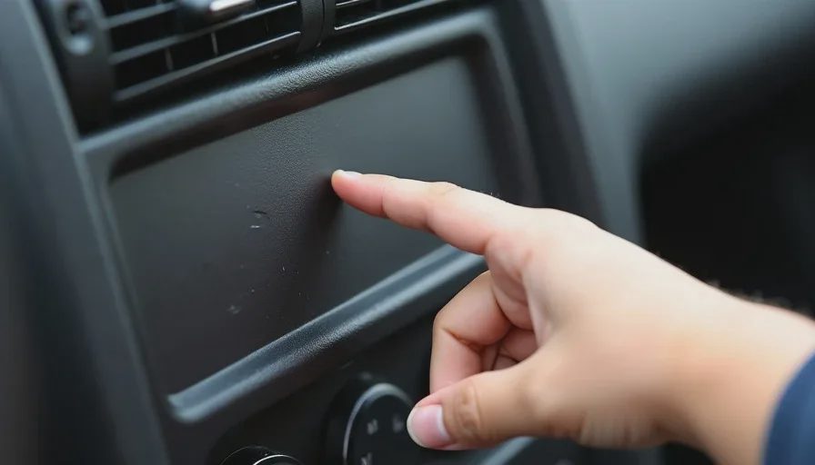 A close-up view of an NA Miata's center console where the radio used to be. A black plastic blanking plate fills the stereo opening. A small child's hand reaches toward the blanking plate from the passenger seat — dimpled knuckles, short fingers. The dashboard is simple and worn, with visible grain on the black plastic surfaces.