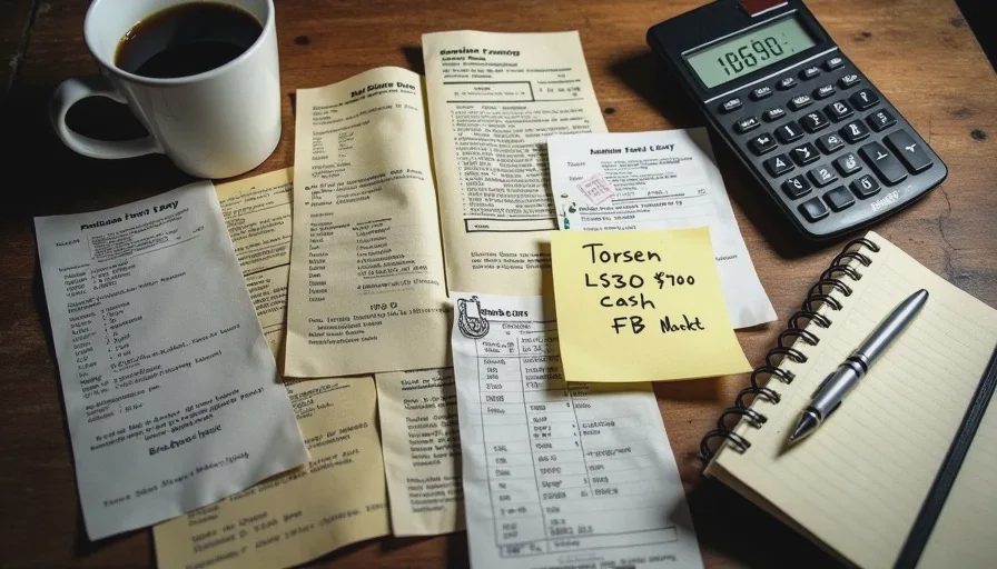 A scattered pile of paper receipts, a small calculator, a pen, and a notebook open to a page with handwritten Miata build costs. The receipts vary in size and condition — some are faded thermal paper from auto parts stores, others are crisp printed invoices from online orders. A coffee mug sits in the corner of the frame. The surface is a wooden workbench with visible grain and wear marks.