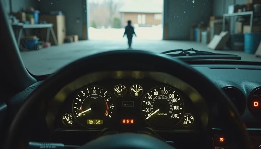 A view of the NA Miata's instrument cluster from the driver's seat on a cold morning. The tachometer needle hovers around 1,000 RPM but appears slightly blurred — caught mid-fluctuation. The temperature gauge is still in the cold zone. Through the windshield, the inside of a dimly lit garage is visible with a child's silhouette standing in the doorway leading into the house, backlit by warm kitchen light.