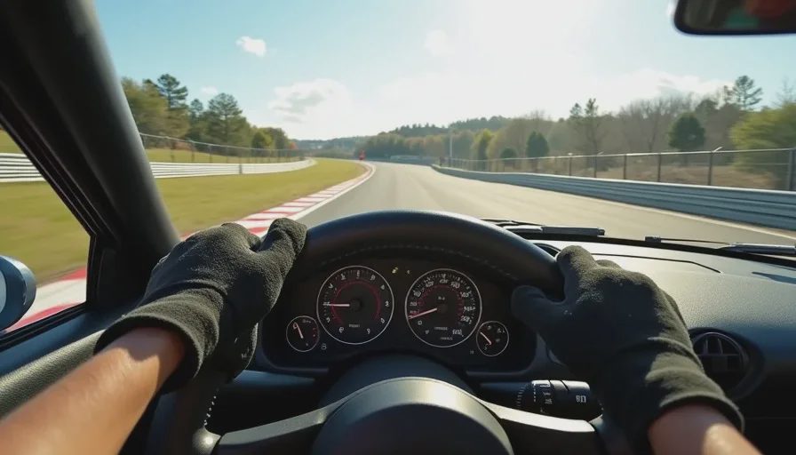 NA Miata cockpit view approaching the apex of Barber Turn 14 Driver's-eye view through the windshield of an NA Miata entering Barber Turn 14. Two hands in black driving gloves grip a suede steering wheel turned to the right. The red-and-white curbing is visible on the inside of the corner through the windshield. Afternoon shadows fall across the track.
