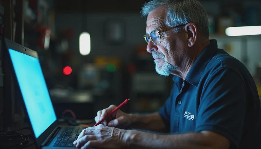 Reg Harmon at his laptop tuning an ECU late at night in his Hoover shop A tight portrait shot of Reg, a 64-year-old man with gray hair and reading glasses perched on his nose. He is seated in front of his laptop, one hand on the keyboard, the other holding a multimeter probe. His face is lit by the blue-white glow of the screen. His expression is one of deep concentration — slightly furrowed brow, lips pressed together. He wears a faded polo shirt with "Hoover Auto" barely legible on the chest. The background is completely dark except for a few pinpoints of light from equipment LEDs.