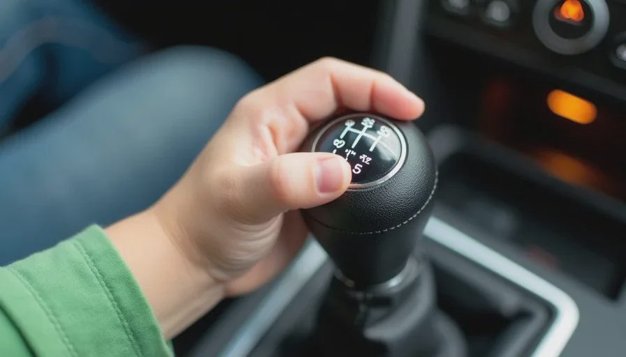 Close-up of a small child's hand gripping the six-speed manual shift knob of a Volkswagen GTI.