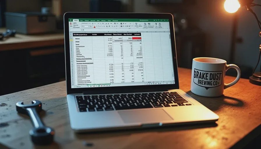 Spreadsheet showing the Sienna has a better power-to-weight ratio than the NA Miata Laptop showing a power-to-weight spreadsheet comparing Miata and Sienna specs, with a Brake Dust Brewing Co. coffee mug and a 10mm socket on a workbench.