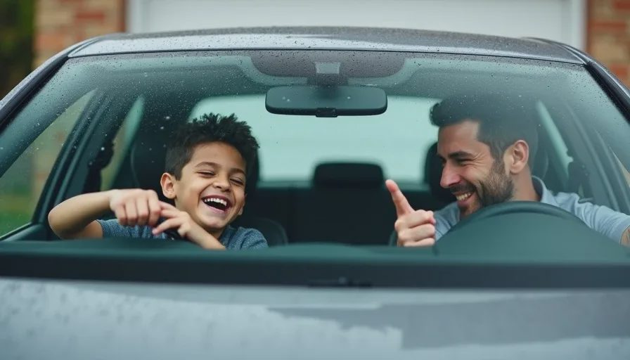 View through a rain-speckled windshield of a father and son talking inside a VW GTI, garage door in background.