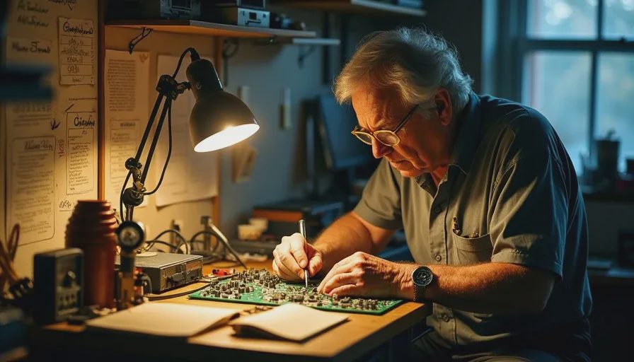  Reg working on an ECU at his bench late at night, illuminated by a single desk lamp in his cramped tuning shop.