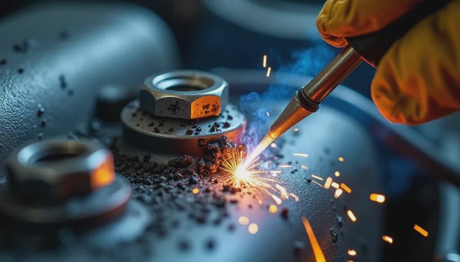  Close-up of a welding torch fusing a 14mm nut onto a broken exhaust manifold stud on an engine head, sparks flying.