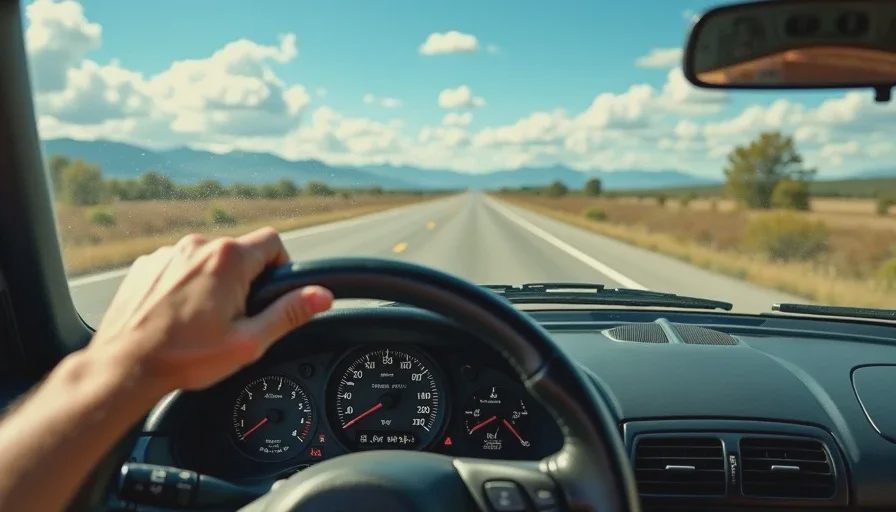 700 miles with no cruise control - Miata on the highway Driver's view of I-20 through a Miata windshield, speedometer showing 75 mph and tachometer at 4100 rpm on the way to Gridlife.