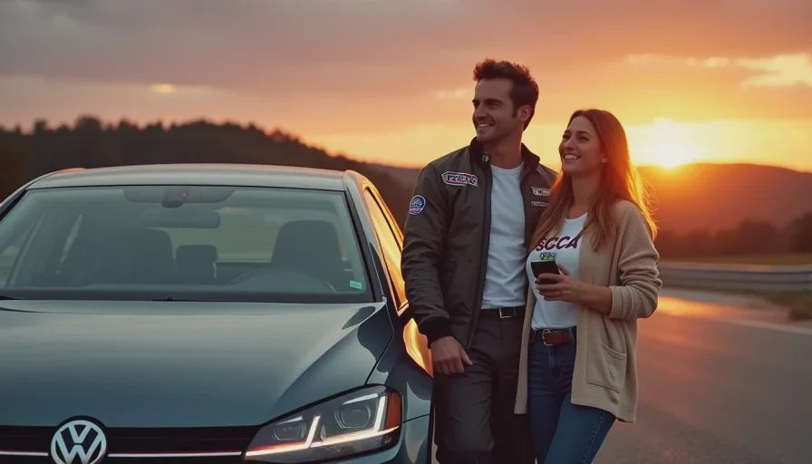 Matt and Jenn leaning against a grey VW GTI at sunset in the Barber paddock, looking out at the track after a personal best lap.