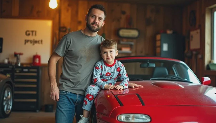 Matt holding his son Max on the fender of their red Miata in the home garage, both looking at the steering wheel.