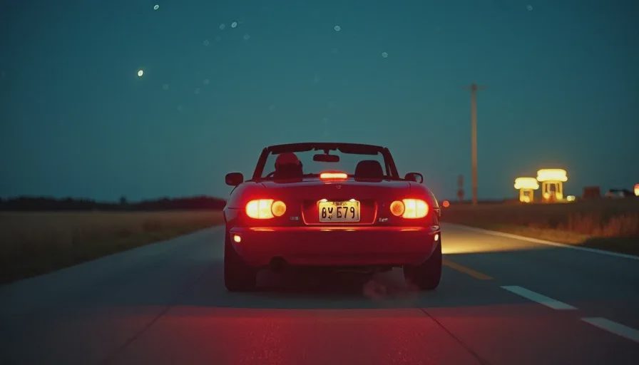 The long drive home from Gridlife South in a Miata Rear view of a red NA Miata driving on a dark country road at night, returning from Gridlife South, taillights glowing under a starry sky.