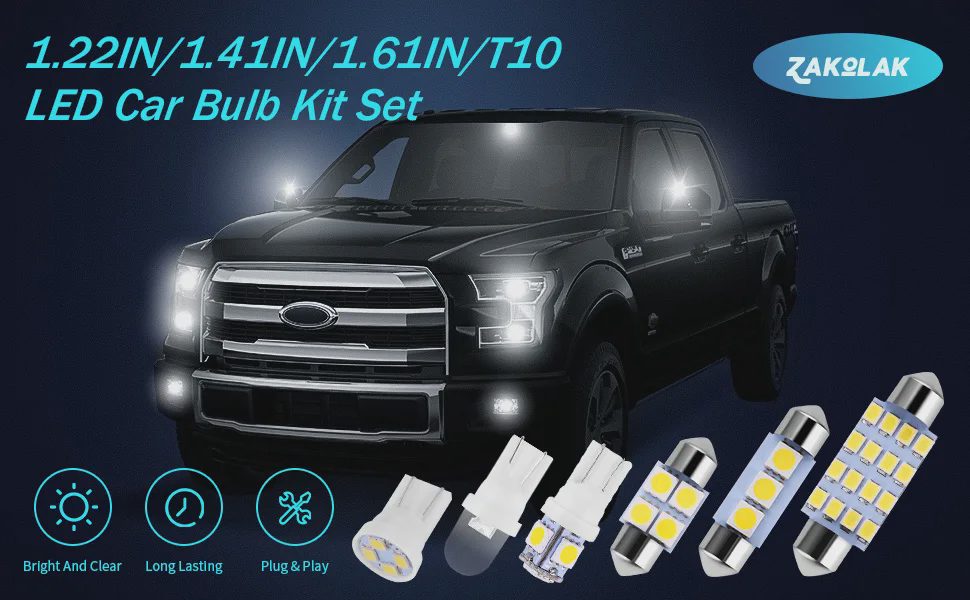 Zakolak 42-Piece LED Car Bulb Kit Set Zakolak 42-piece LED car interior bulb kit with six sizes, bright white, long lasting, plug and play — shown on Ford F-150 truck