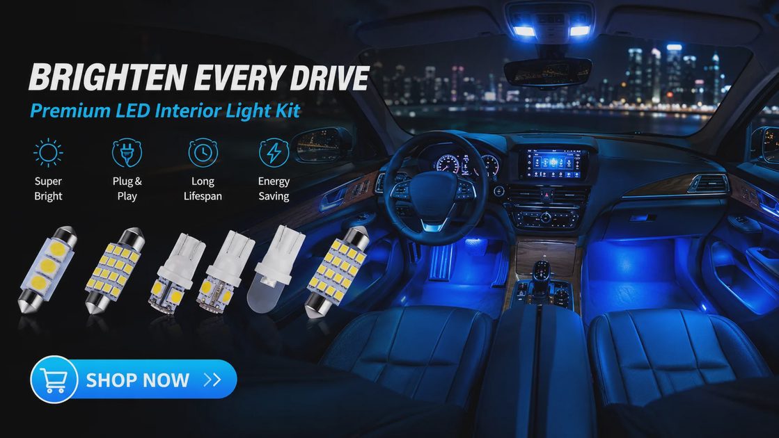 Zakolak LED Interior Light Kit — Brighten Every Drive Zakolak premium LED interior light kit banner — brighten every drive, 6 LED bulb types, super bright plug and play, blue cabin lighting, shop now