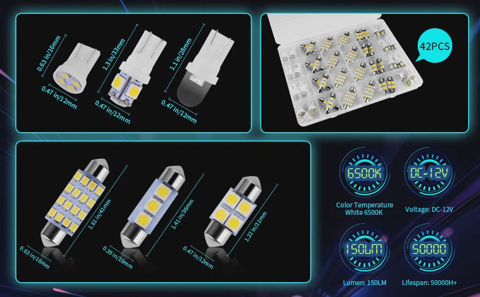 Zakolak 42-Piece LED Kit — Sizes & Specifications Zakolak 42-piece LED interior light kit specs — 6 bulb sizes with exact dimensions, 6500K white, 150LM, 12V, 50000H+ lifespan