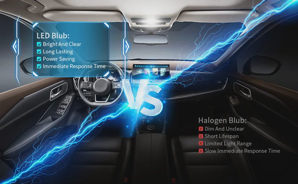 LED vs Halogen Interior Lights — Comparison LED vs halogen car interior bulb comparison — LED bright clear long lasting power saving vs halogen dim short lifespan, split view of car cabin lighting