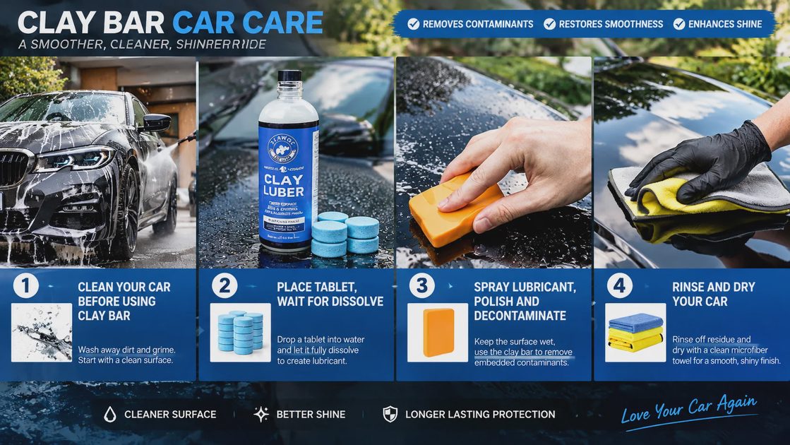 Four-step TEAWOO clay bar process: clean the car, dissolve a lubricant tablet, spray and clay the panel, rinse and dry