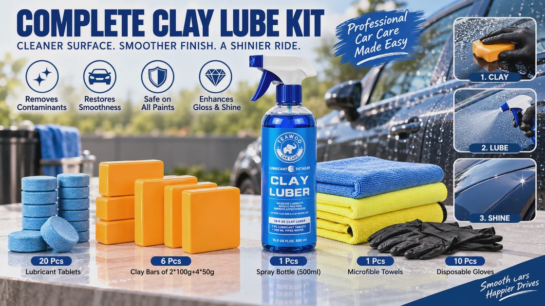 TEAWOO complete clay lube kit contents: 6 clay bars of 2×100g plus 4×50g, 20 lubricant tablets, 500 ml spray bottle, 10 gloves and microfiber towels 