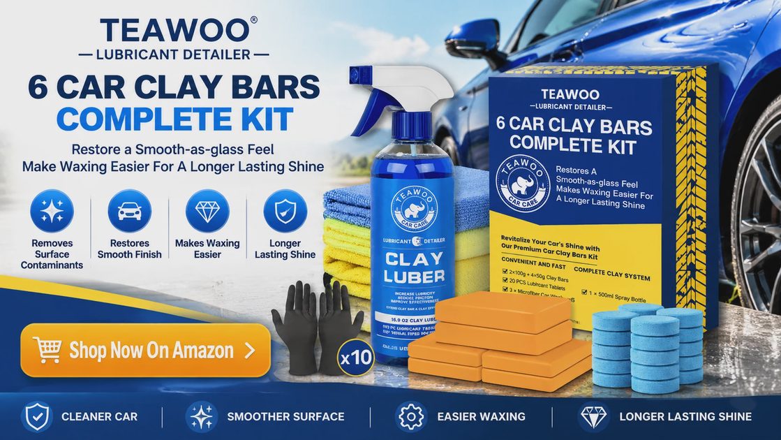 TEAWOO clay bar kit product display on a blue car: clay bars, lubricant tablets, spray bottle, gloves and towels with benefit icons