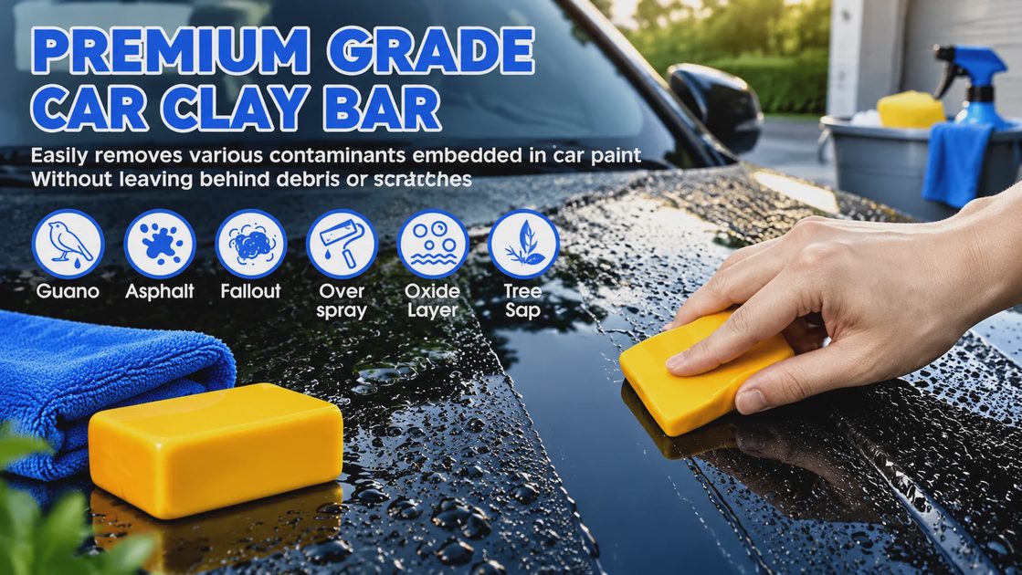 TEAWOO premium clay bar removing contaminants from car paint, with icons for guano, asphalt, fallout, overspray, oxide layer and tree sap